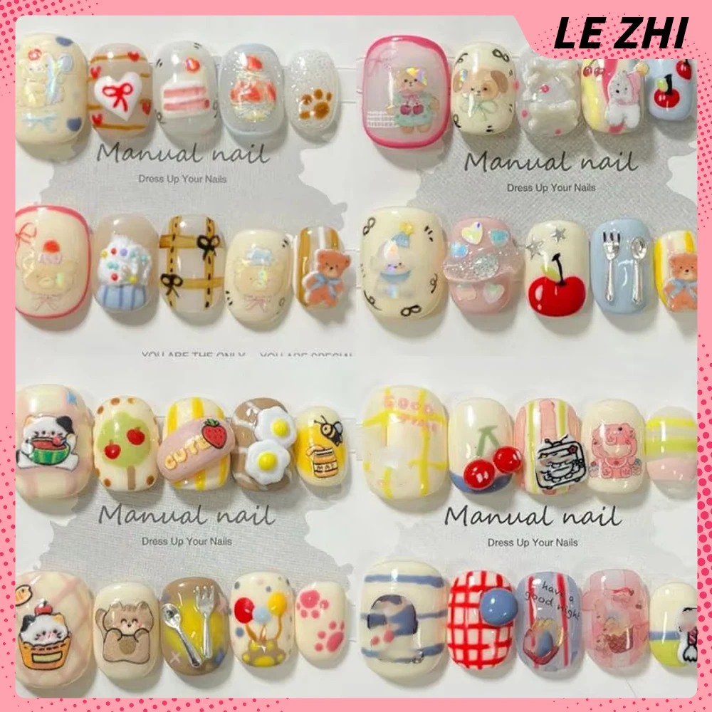 Cartoon Cute Short Square Round Reusable Full Cover Fake Nail Kawaii Cat Dog Hand-Painted Flowers Cherry False Nail