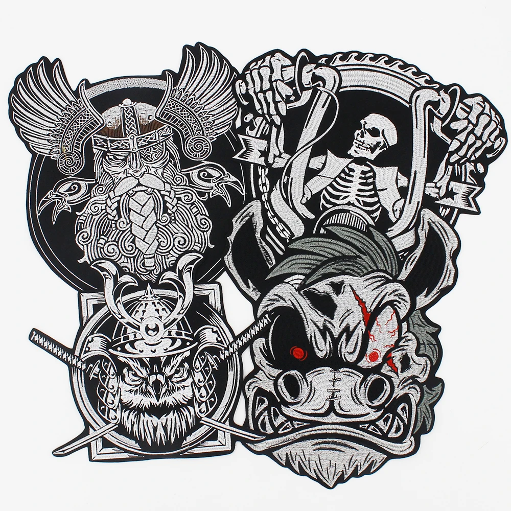 Helmet Emblem Fighter Warrior Badge Embroidery Iron on Patches Motorcycle Skull Applique