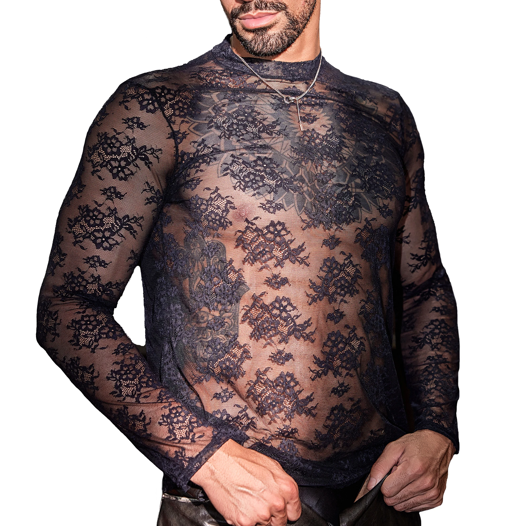 Sexy Lace/diamond Checkered Mens Tops Long Sleeved Transparent Erotic Nightclub Clothing Ultra-thin See Through Mesh Top T-shirt