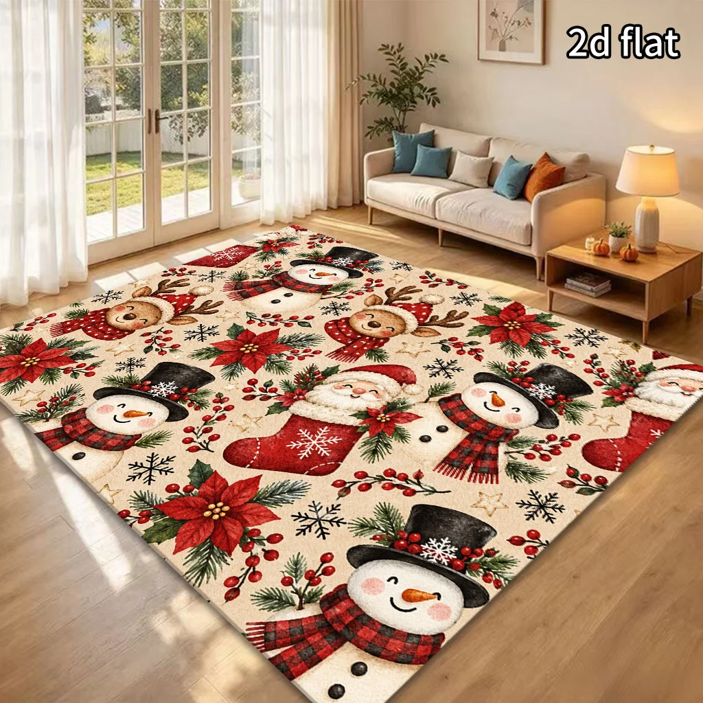 2D Flat Christmas Character Area Rug, Beige Background Snowman Santa Reindeer Poinsettia Print, Floor Decor for Living Room