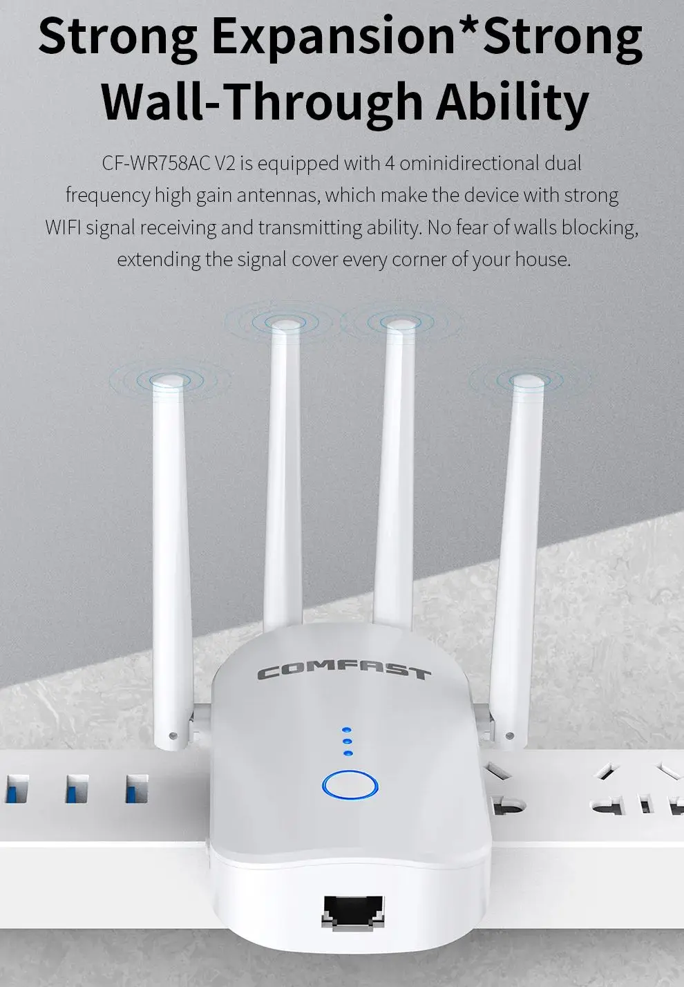 Comfast 1200 MBit/s Wifi Repeater Wireless Wifi Range Extender Dualband Repeater 2.4/5GHz Wi-Fi Booster 4 Antennen CF-WR758AC