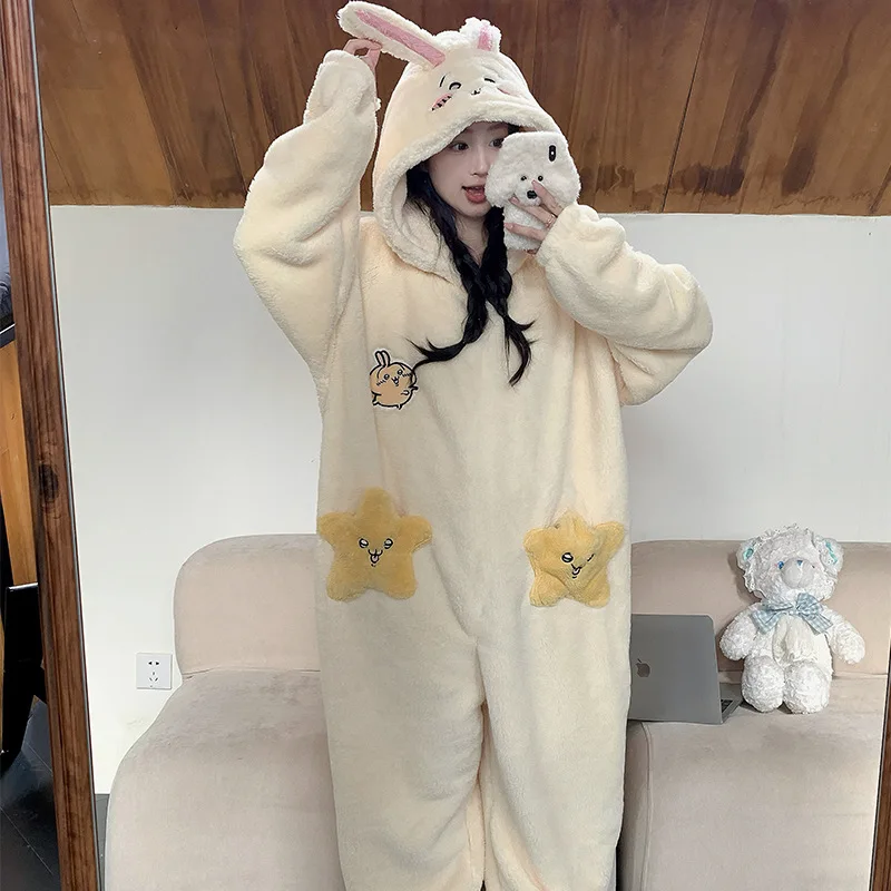 Anime Usagi Sleeping Robe Autumn Winter Women's Thick Velvet Sleepwear Loose Medium To Long Home Clothes Can Be Worn Externally