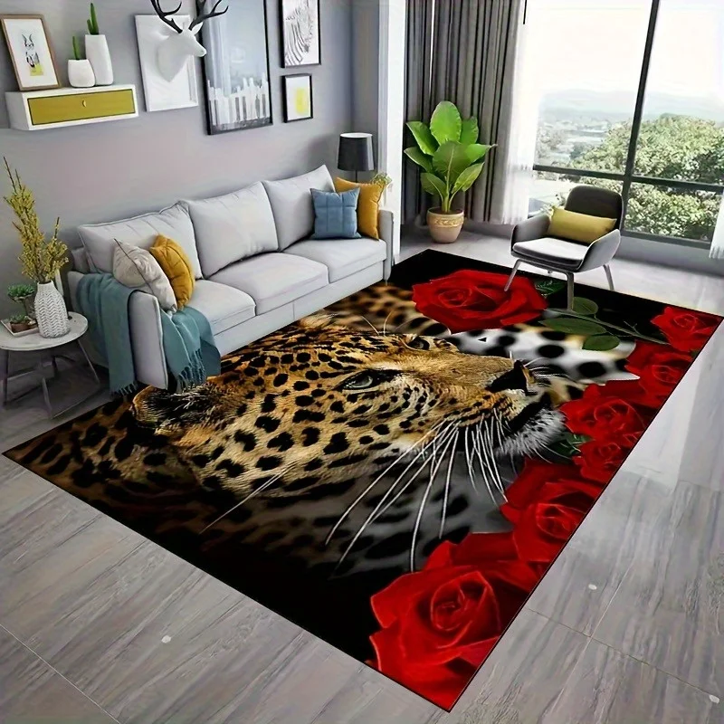 1pc Luxury Leopard & Rose Printed Area Rug, Modern Indoor Home Decor, Suitable for Living Room, Bedroom, Dining Room