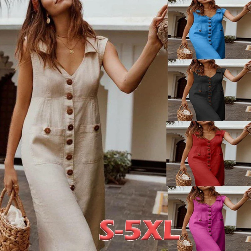 

Elegant French Office Lady Commute Dresses Single Breasted Loose Buttons Dress Pockets Summer Solid Color Women's Base Vestidos