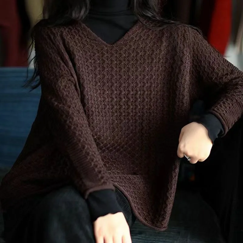 

Solid Color Cotton Knitted Autumn and Winter New Loose Mesh V-neck Long-sleeved Pullover Sweater for Women with Base Layer Top