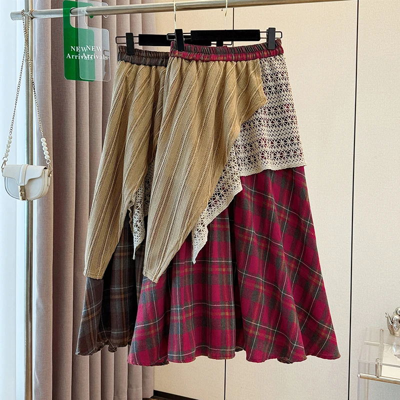 Korean Style plus Size Women's Spring Autumn Plaid  Skirt Irregular Lace Splicing Long Skirt Commute Artistic Embroidery