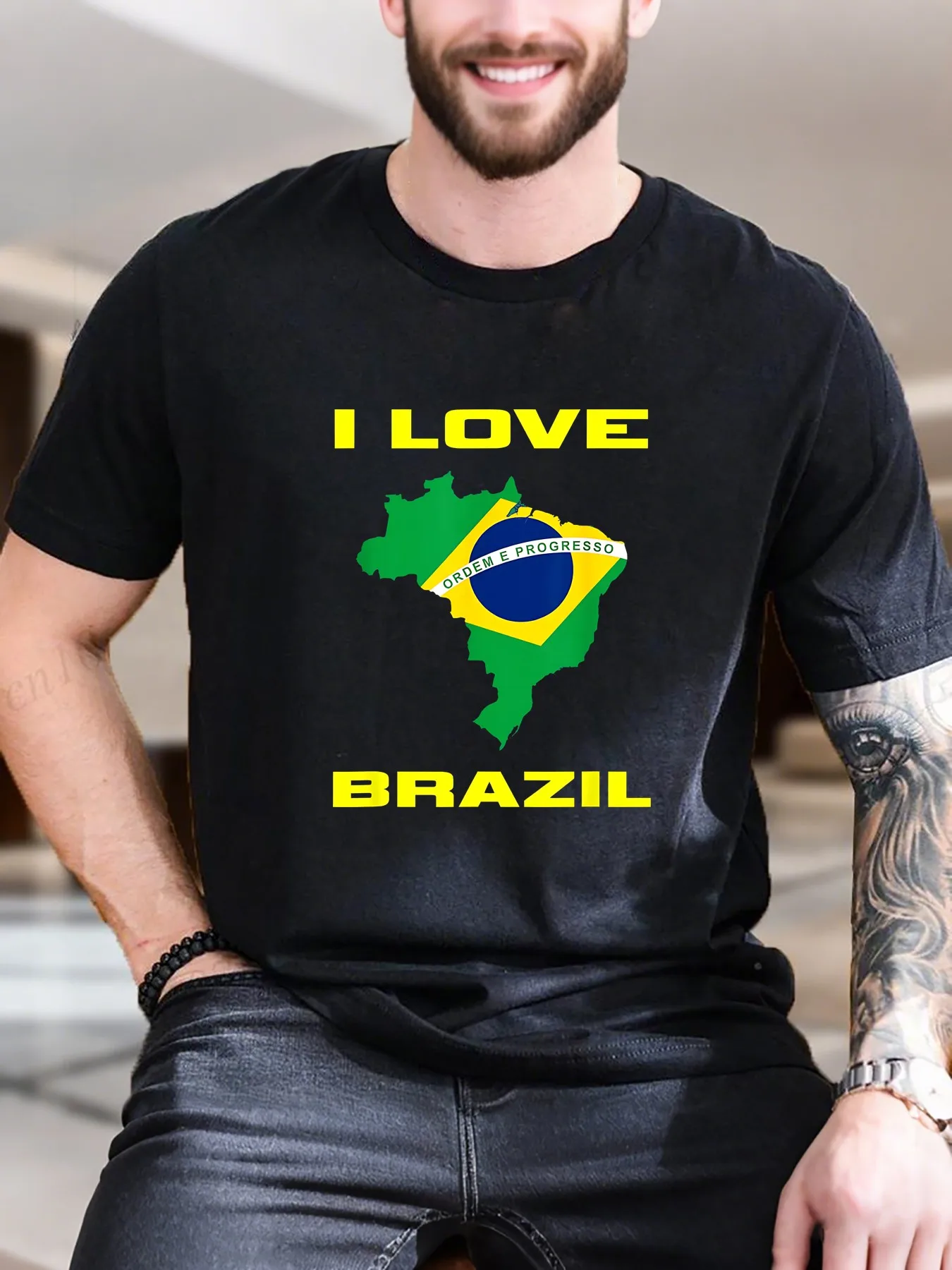 

New Arrival Fashion Men's Brazil Map Print T-Shirt 100% Cotton Breathable Tee with Flag Design Comfortable Casual Top for Summer
