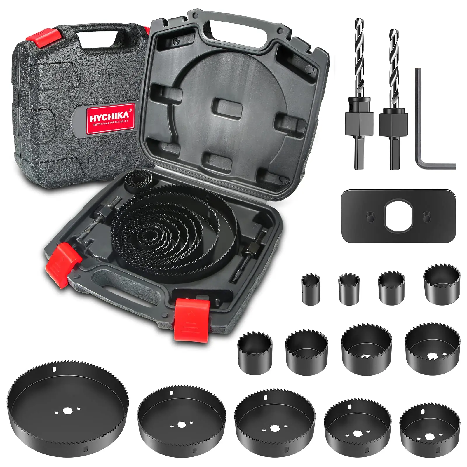 HYCHIKA 19-152mm Hole Saw Set with Storage Box Black for Electric Drill Drilling Wood Wood Metal Plastic Power Tools Accessories