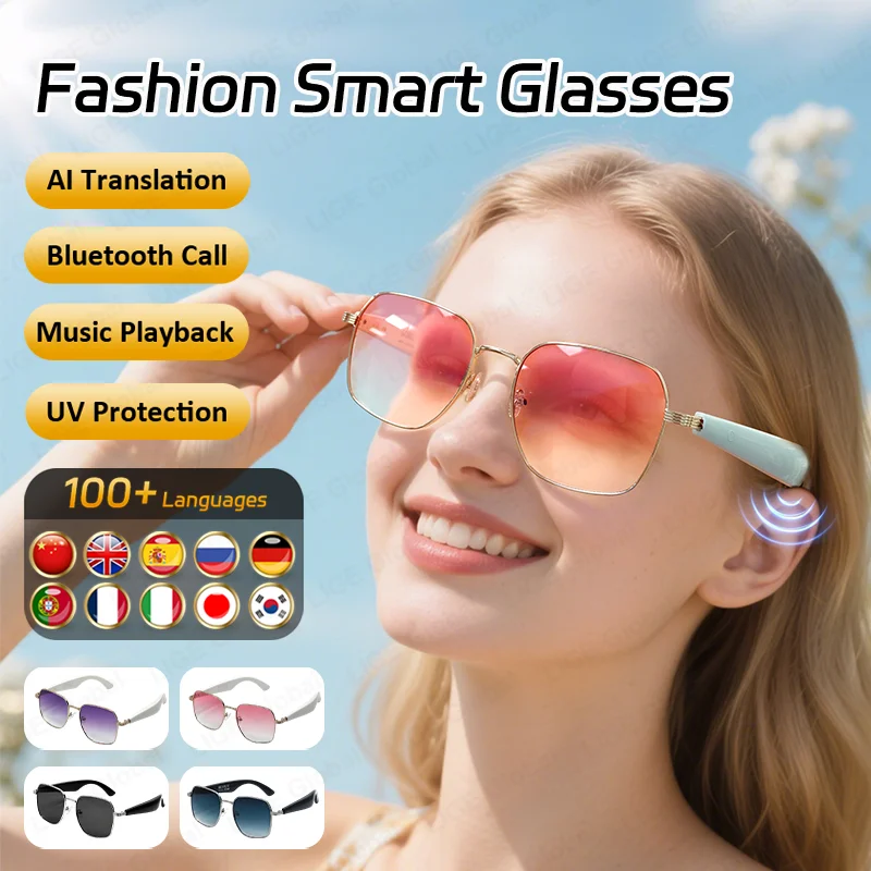 

LIGE AI Intelligent Translation Smart Glasses Men Women UV Protection Bluetooth Call Recording Music Headphones Meeting Glasses