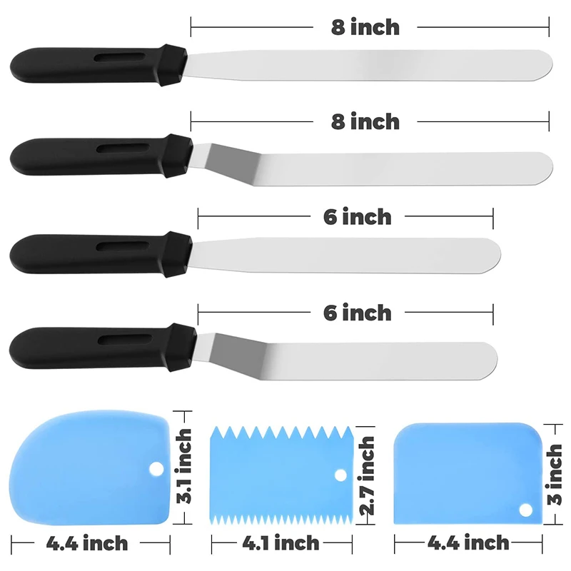 For Cake Spatula 7 Packs Include 3 Cake Scrapers, Frosting Spatula Set With 6 Inch, 8 Inch Stainless Steel Blades