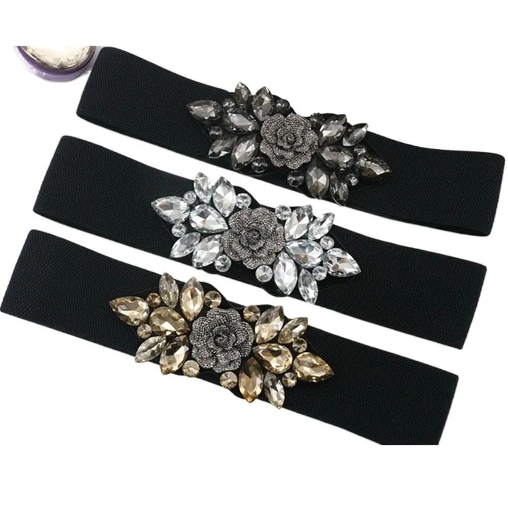

Fashion Rose Flower Elastic Cummerbunds Wide Strap Belt Women Waistband Black Korean Style Rhinestone Waist Belt Sweater