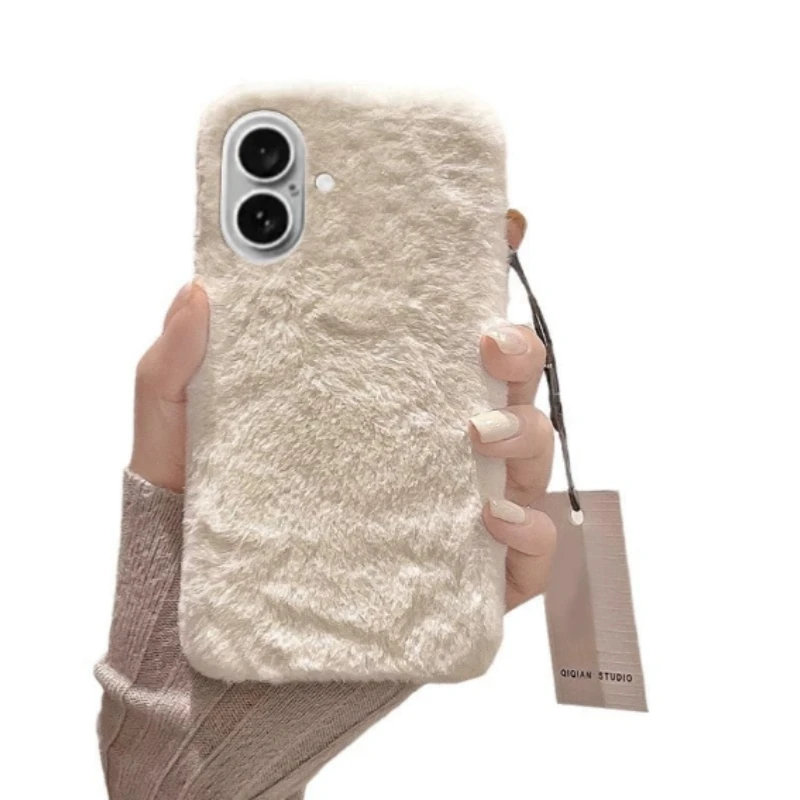 Aesthetic Solid Color Plush Phone Case 4 Colors for iPhone 16/15 Pro Max Android, Winter Soft Fuzzy Protective Cover for Girls