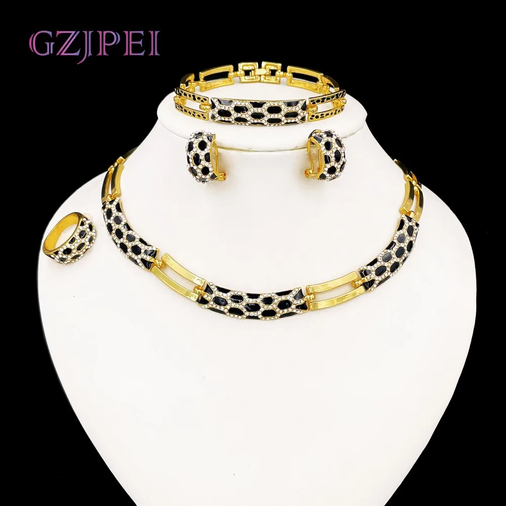 

GZJPEI Elegant Women Jewelry Set Black Enamel Necklace Earrings Bracelet Ring With White Zircon For Bridal Wedding Gift