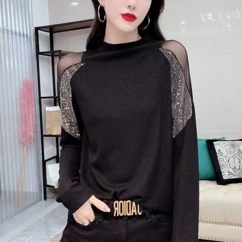 

Fashion Gauze Spliced Diamonds T-shirt Women's Clothing Basic Solid Color Korean Autumn Winter Casual Half High Collar Pullovers