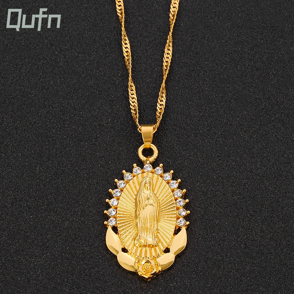 Virgin Mary Necklace Gold Color Bijoux Imitation Crystal Statement Necklace Women Fashion Pendant Catholic Jewelry