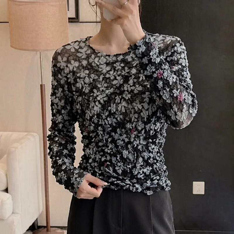 Miyake Women Floral Mesh Long Sleeve Top Round Neck Pleated Sheer Slim Fit Elegant Autumn See Through Blouse