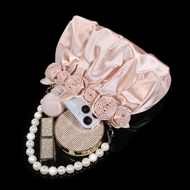 Advanced Ynthetic Pearl Top-Handle Women Silk Flowers Bucket Bag Evening Purses and Clutches Formal Wedding Handbags