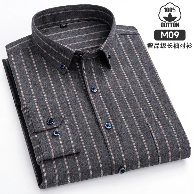 Plus Size 100%  Long-sleeve Shirts for Men Casual Slim Fit Formal Plain Shirts Plaid Striped Elegants Designer Clothes