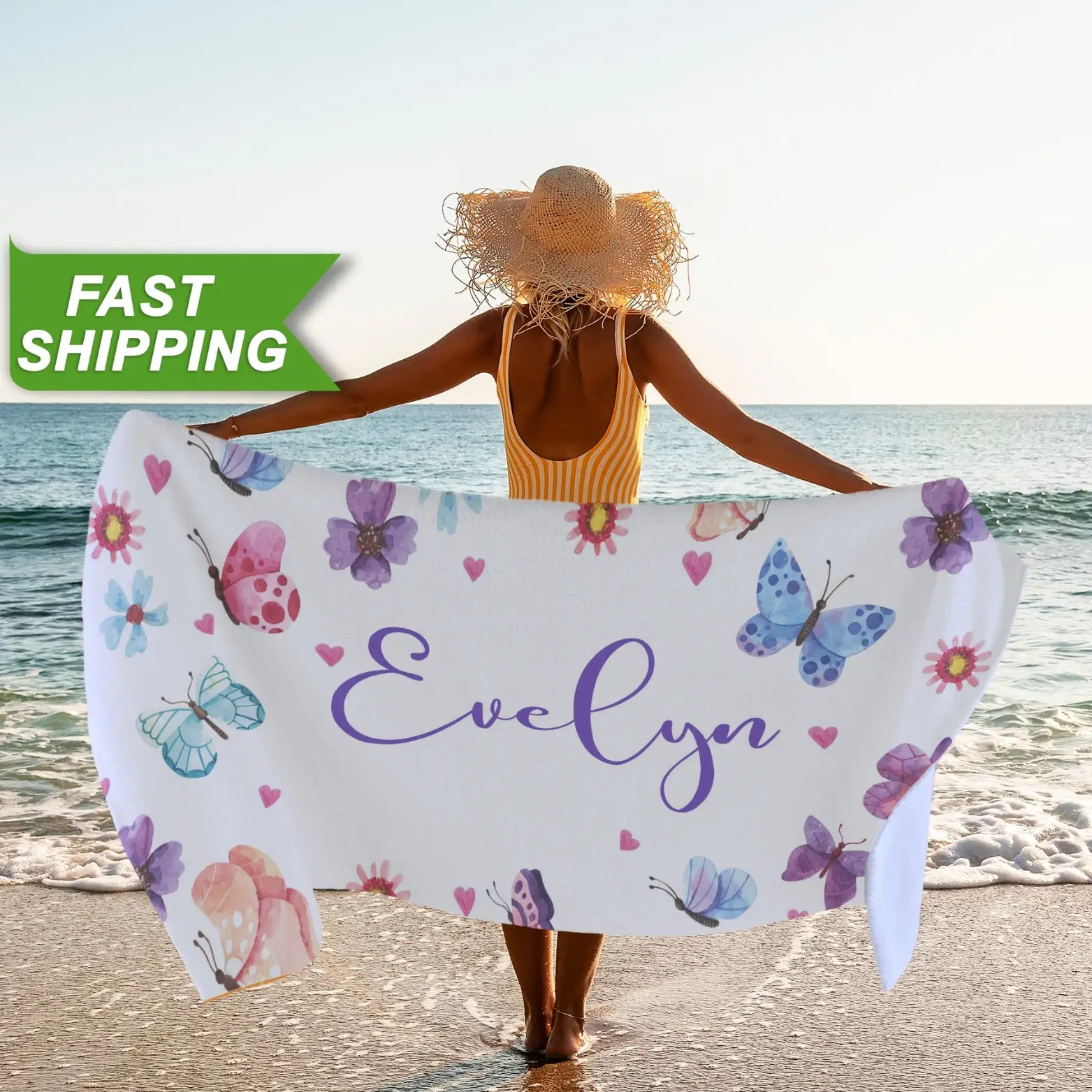 

Personalized Butterfly Beach Towel Custom Towel with Name Lightweight Oversized Pool Towel for Seaside Swimming Camp Trip Yoga