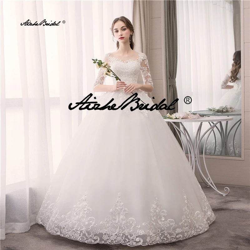 فستان الزفاف التطريز الدانتيل يصل حجم كبير مخصص س الرقبة فساتين الزفاف نصف كم الكرة ثوب رداء دي ماري