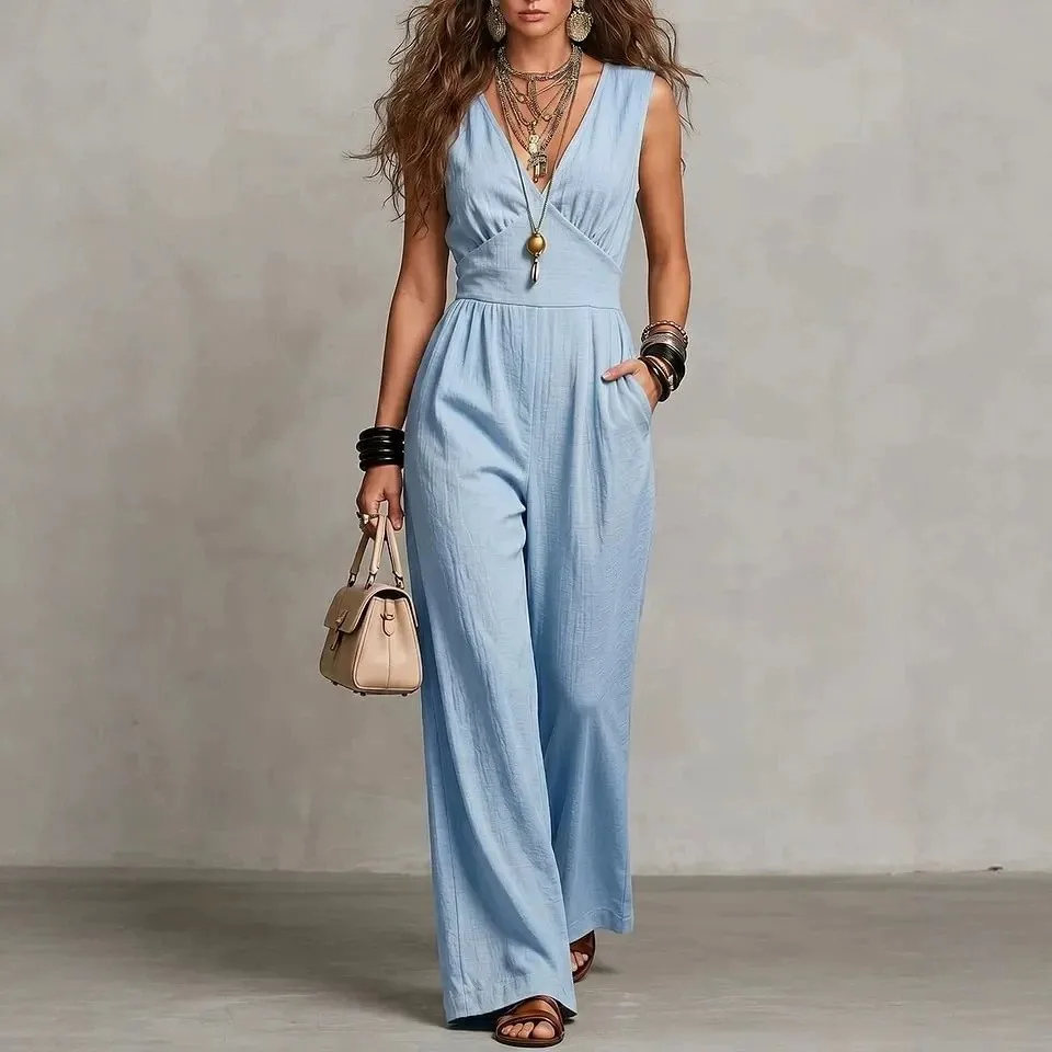 Women's Jumpsuit Linen Blend V Neck Romper High Waist Front Pocket Solid Color Wide Leg Jumpsuit Orange For Woman