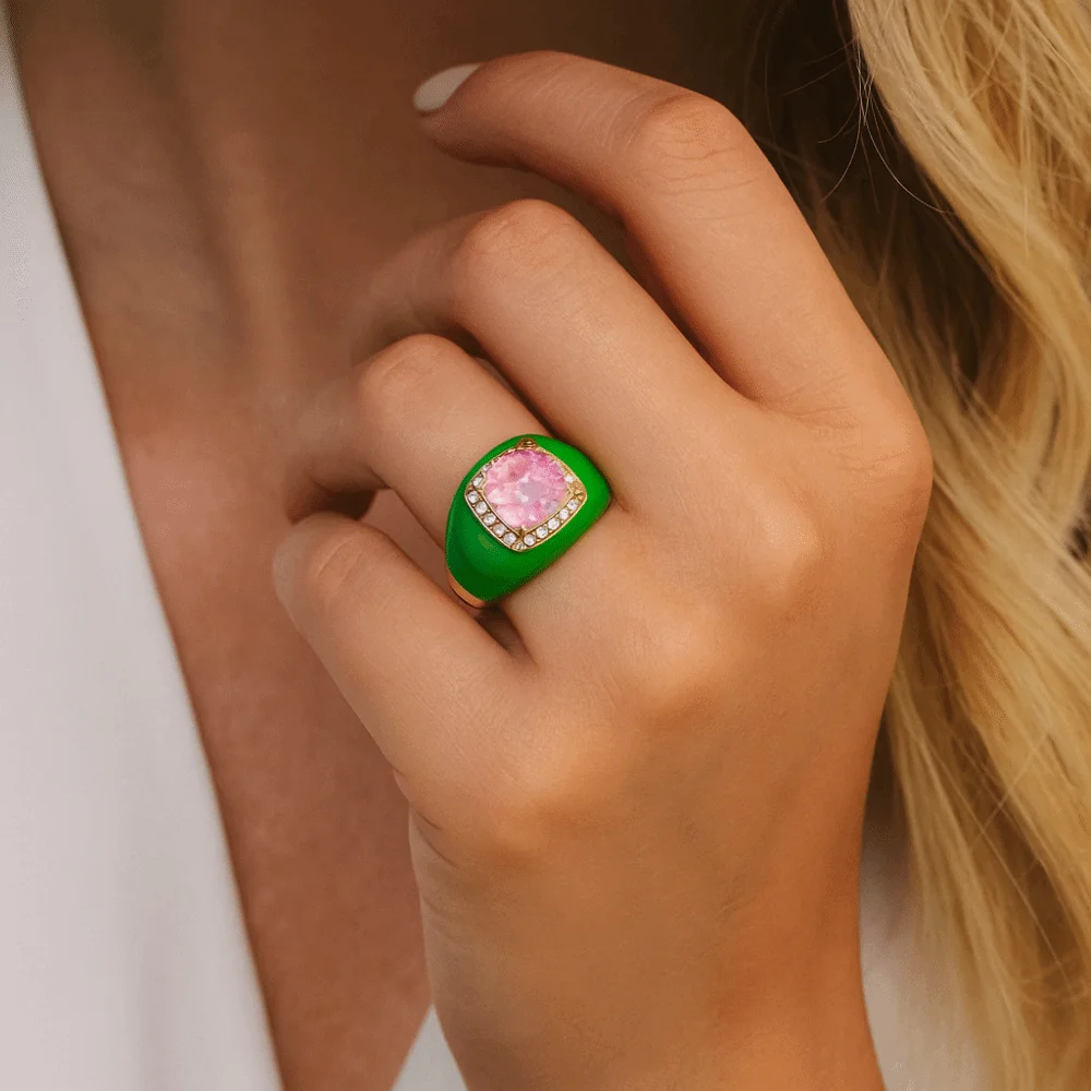 قابل للتعديل المينا نازف النفط الدائري مطلية بالذهب حجر الراين الزركون حلقة مفتوحة متعدد الألوان الملونة هندسية مربع حلقة ملابس الحفلات #2