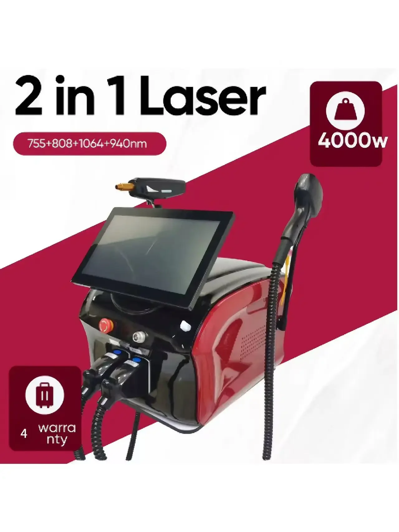 

2 In 1 Titanium Ice 4000w Pro Diode 755 808 940 1064nm 4 Wavelength Laser Nd Yag Machine Painless Hair Removal Machine 2025