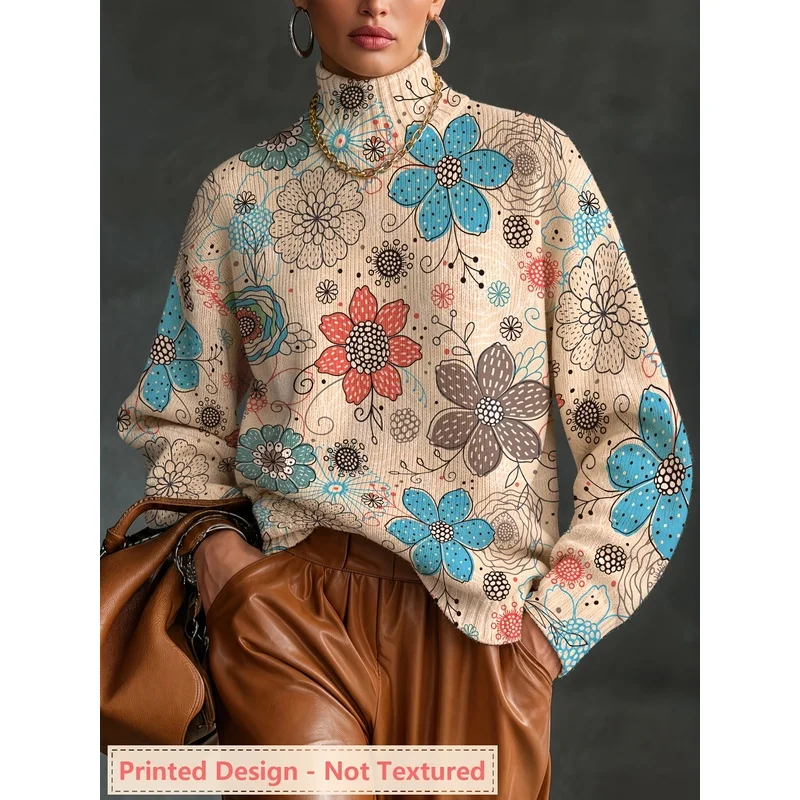 Women's Steam Train Print Turtleneck Sweater Long Sleeve Knit Pullover Loose Casual Warm Autumn Winter Fashion Jumper Top