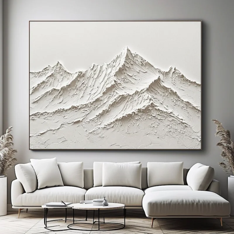 

Original 3D White Mountain Painting on Canvas Plaster Style Textured Wall Art Ivory Living Room Decor Modern Canvas