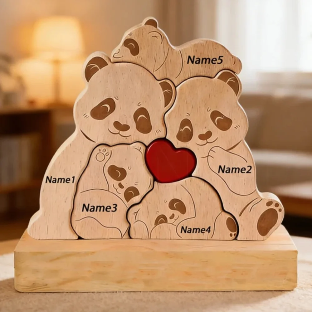 Custom Name Accommodates 2-5 Names Rustic Style Wooden Panda Bear Personalized Wooden Bear Puzzle Home Decor Mother's Day Gifts