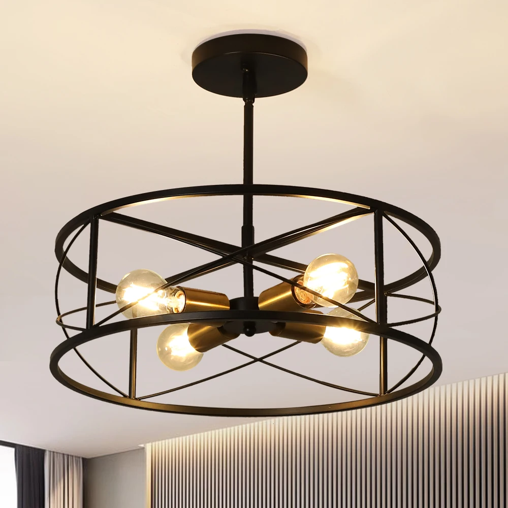 Depuley Industrial Iron Pendant Light Semi Flush Mount Ceiling Light Vintage Adjustable Chandelier for Dining Bedroom Restaurant