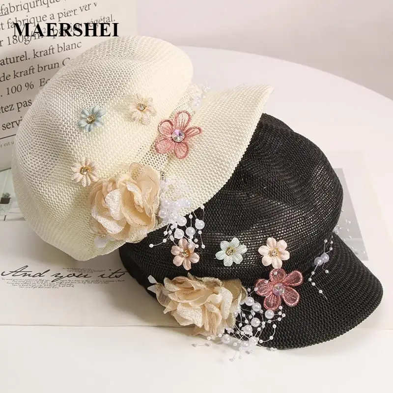 Hats for Women New Knitted Octagonal Hat Breathable Pearl Flower Beret Women Sun Hat Straw Hat Ladies Hats and Caps