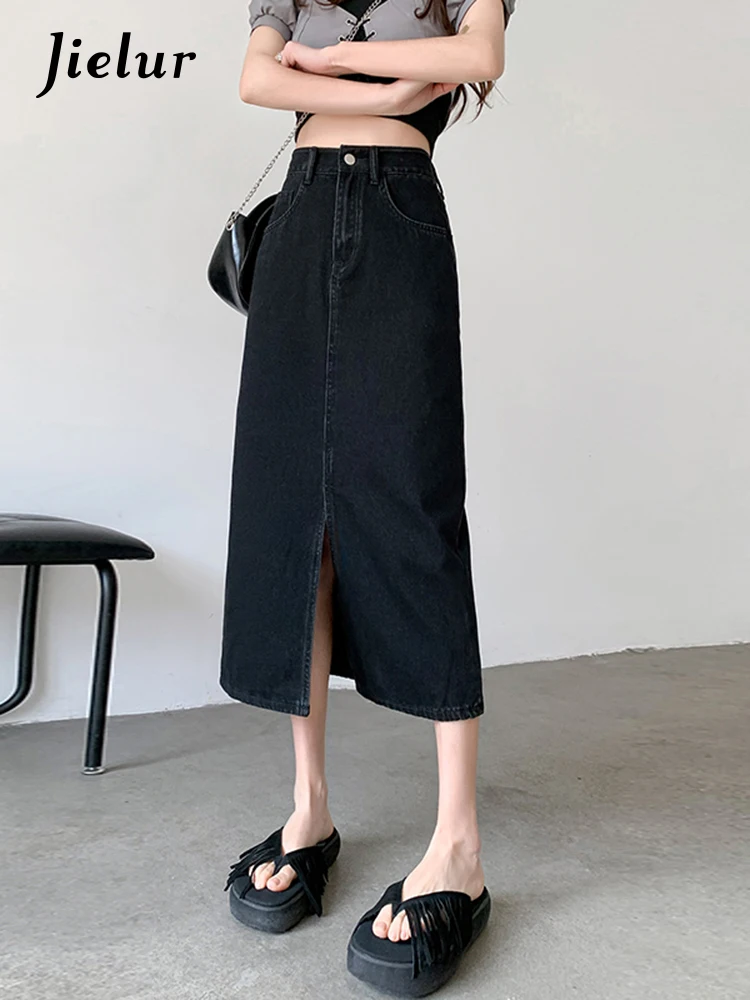 Summer New High Waisted Loose Denim Women Skirts Retro Blue Slim Slit Woman Skirts Fashion Street A-Line Skirts Female Chicly