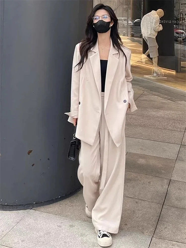 Insozkdg Women 2 Piece Sets Casual Loose Premium Sense Jacket Solid Straight Trouser Suit Women's Fashion Chic Business Trousers