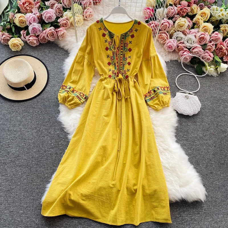 

Ethnic Style Embroiderly Long Dress for Women Lantern Sleeve Beach Vestidos 2022 New Summer Autumn Big Swing Female Robe