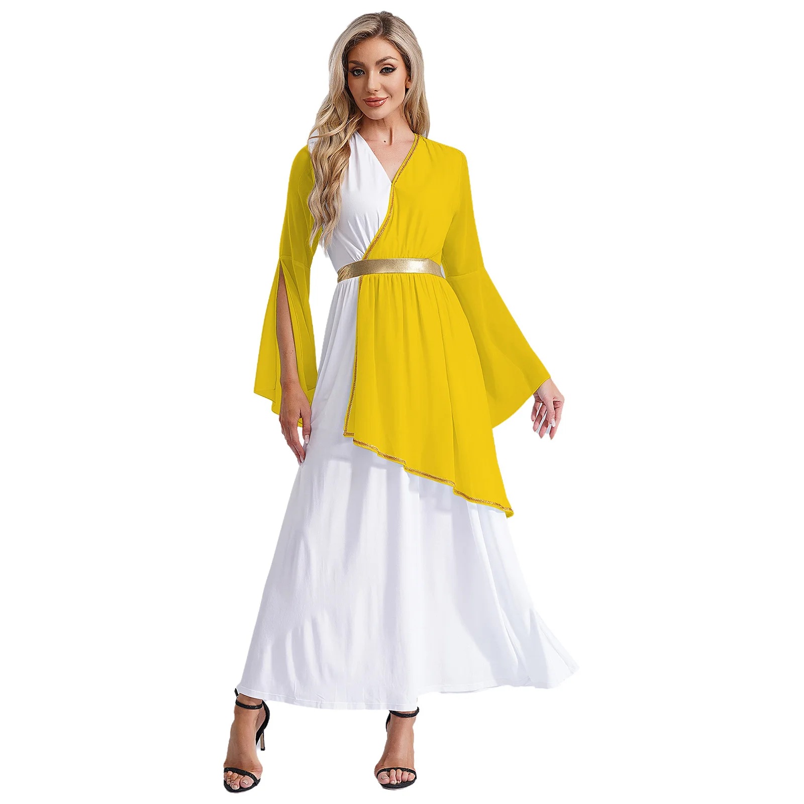 

Women Greek Roman Queen Princess Ancient Toga Cosplay Gown V Neck Long Sleeve Tunic Dress Halloween Fancy Dress Up Costume