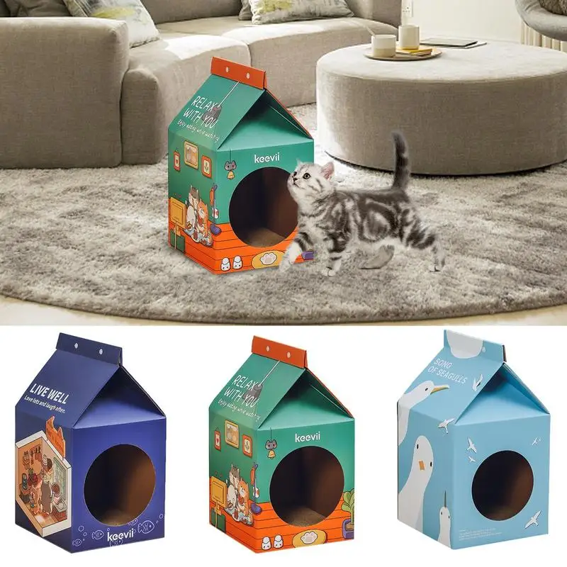 Cardboard Cat House Christmas Cat Bed For Indoor Cats Milk Cat Cave With Scratch Pad & Catnip Cat-scratching Toy Gifts  for Cats