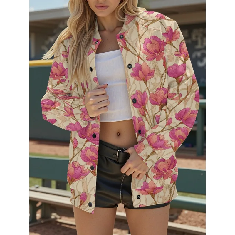 

Women's Hibiscus​ Print Baseball Jacket Lightweight Loose-Fit Outerwear with Pockets Sweet Streetwear Style Daily Casual Wear