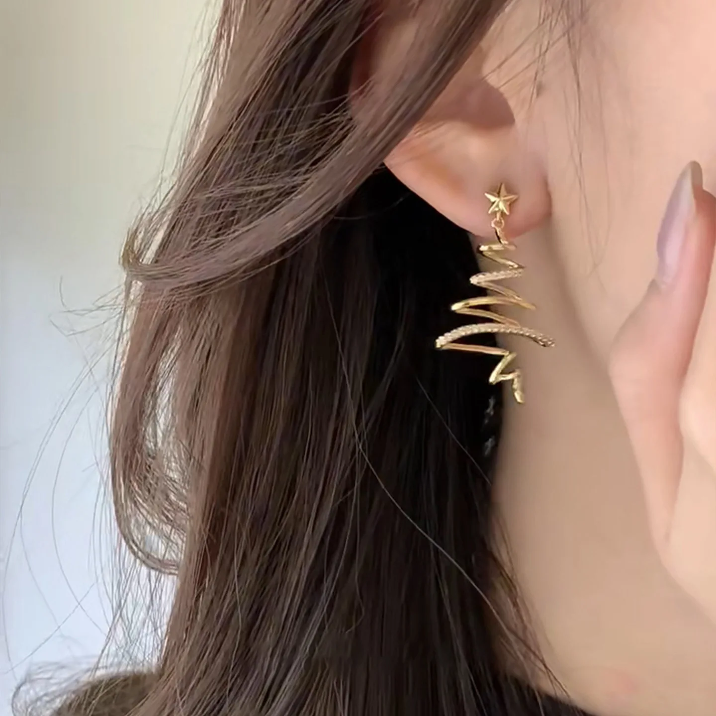 Elegant Abstract Christmas Tree Earrings Gold Star Stud With Pave Line Drop Cute Jewelry Accessories For Women Daily Party Wear