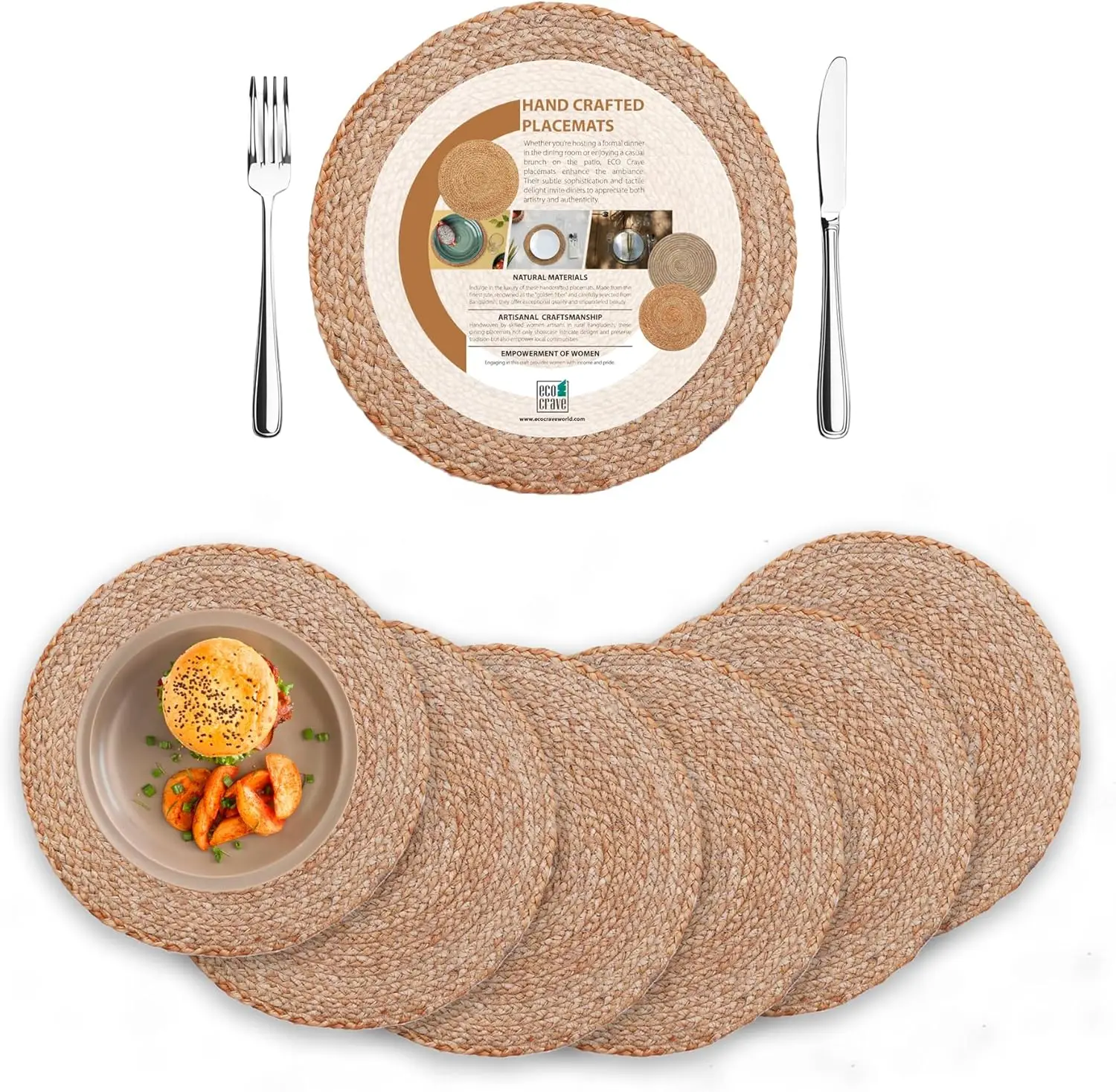 

Набор круглых плетеных подставок под тарелки (6 шт.) - Натуральные джутовые и ротанговые подставки для обеденного стола - В стиле бохо и фермерского дома