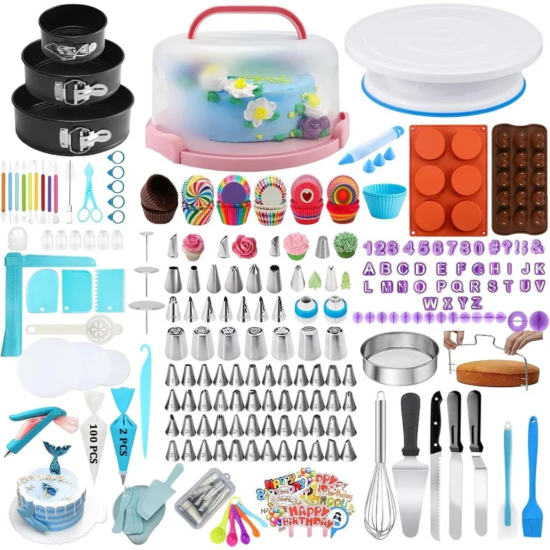 

678 PCS Cake Decorating Kit, Cake Decorating Supplies Kit with Cake Carrier,Springform Pans,74 Piping Tips,Chocolate Molds