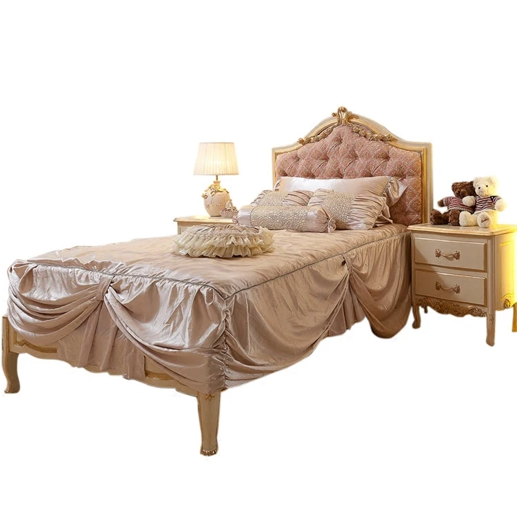 

European-Style Wood Carved Bed Italian Neoclassical Bed Pink Backrest Girl American Fashion Princess Bed