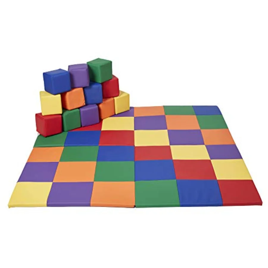 SoftZone Patchwork Toddler Activity Mat and 12 Stacking Block Set, Colorful Baby Crawling and Tummy Time Foam Pad and Building