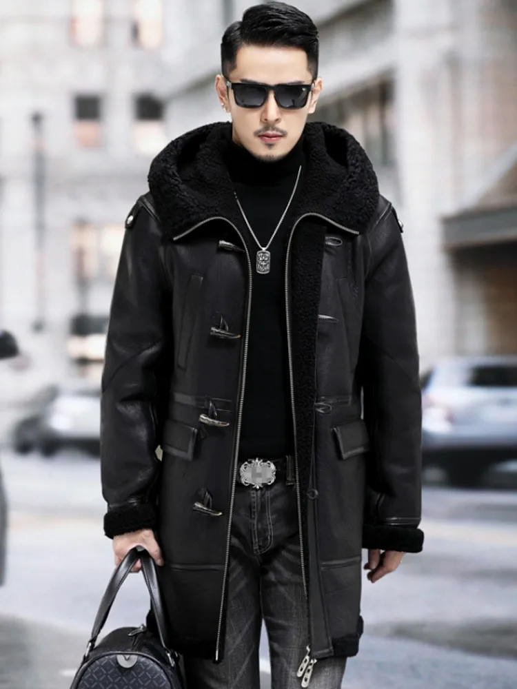 Luxury New Business Men Winter Work Shearling Overcoat Hooded Long Real Fur Coat Trench Warm Wool Lining Genuine Leather Jacket