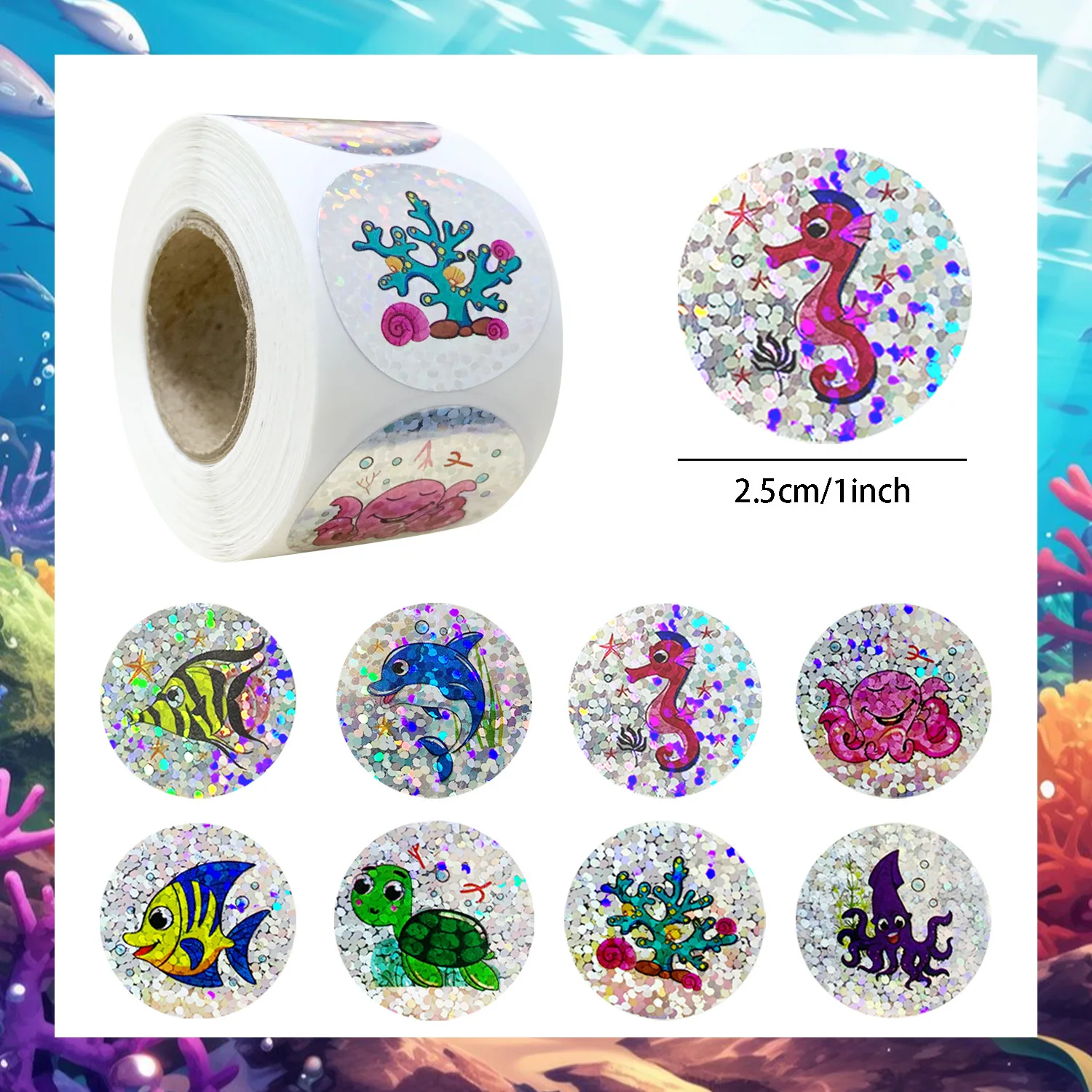 500pcs Rainbow Laser Stickers Cartoon Marine Animal Stickers Children DIY Handmade Scrapbooking Stationery Sticker