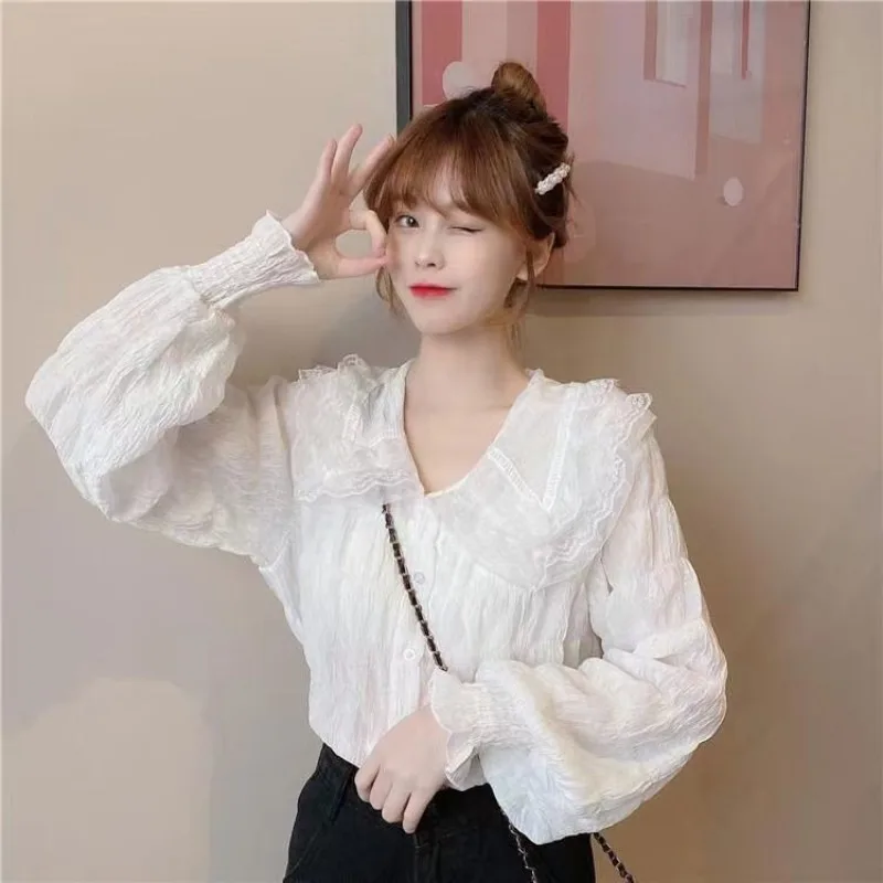 Sweet Peter Pan Collar Shirts for Women Fashion Girls Lolita Basic Long Sleeve Tops Autumn Tender Feminine Aesthetic Clothing