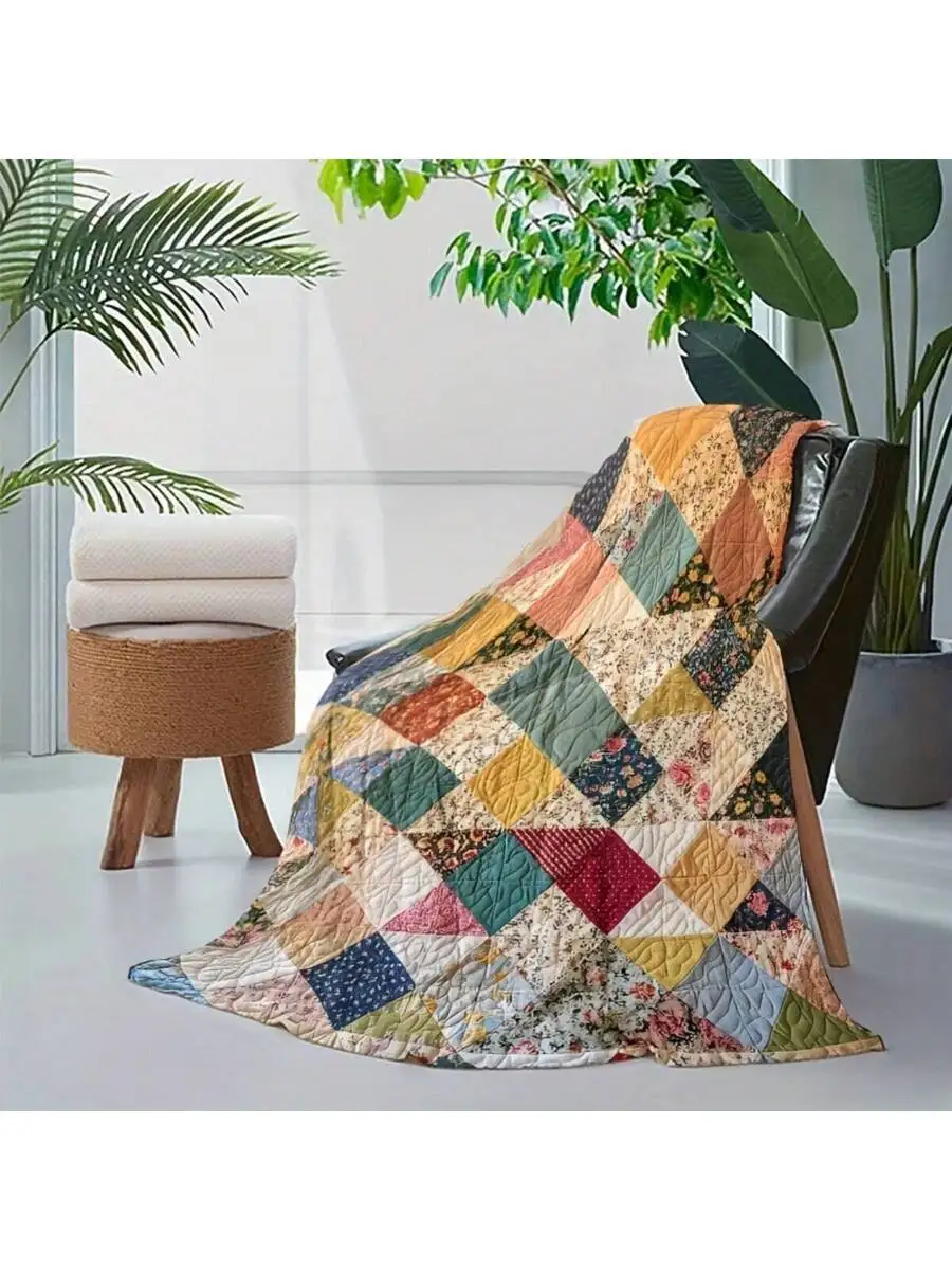 

Vintage Patchwork Flannel Blanket, 280gsm All Season Machine Washable Throw for Nap Travel Camping, Multi Occasion Gift