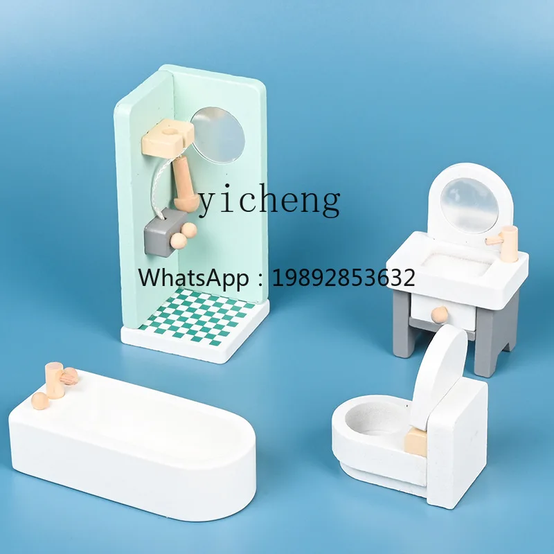 Zz zc modelo em miniatura casa de brincar cama pequena sofá guarda-roupa cômoda candeeiro de mesa de cozinha quarto brinquedos de madeira