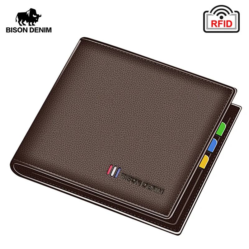 BISON DENIM 100% krowa mały portfel skórzany mężczyźni karta kredytowa Bifold portfel z uchwytem RFID blokowanie torebka najlepszy prezent mężczyzna torba kieszonkowa