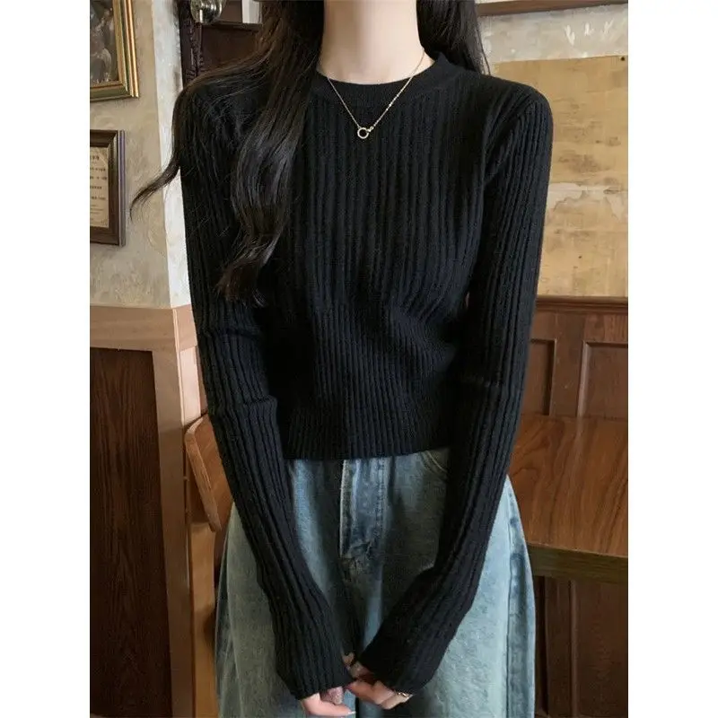 Women\'s Clothing Chic Slim O-neck Sweaters Autumn Winter New Vintage Elegant Long Sleeve Knit Pullover Office Lady All-match Top